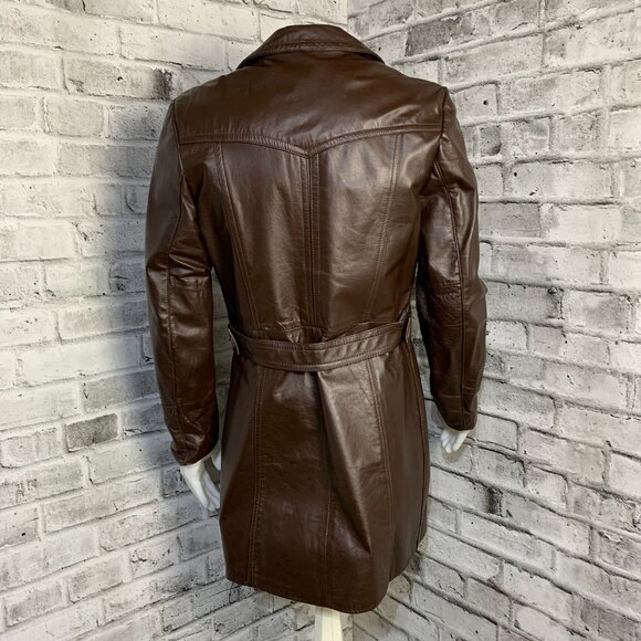 Vintage 60s 70s Sears Leather Jacket Belted Removable Quilt Liner Trench Coat - Picture 6 of 16